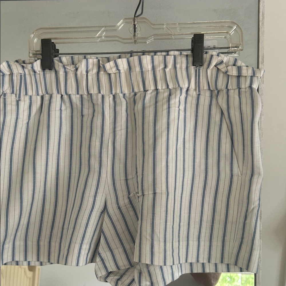 LOFT Blue and White Striped High Waist Paperbag Shorts. Missing Belt